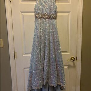 Iridescent Light Blue Sequin Girls' Formal Dress with Jeweled Waist